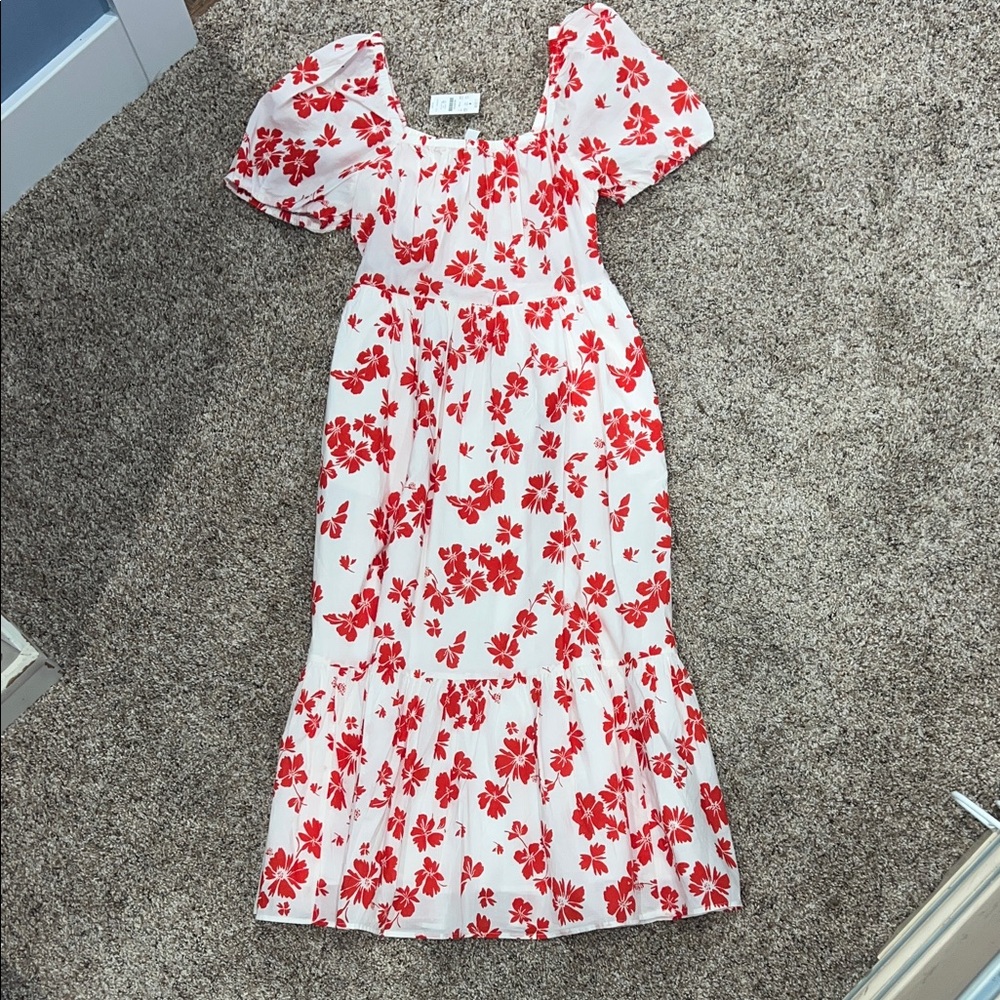 JCrew white and red floral midi dress with cap/bubble sleeves,pockets and side z